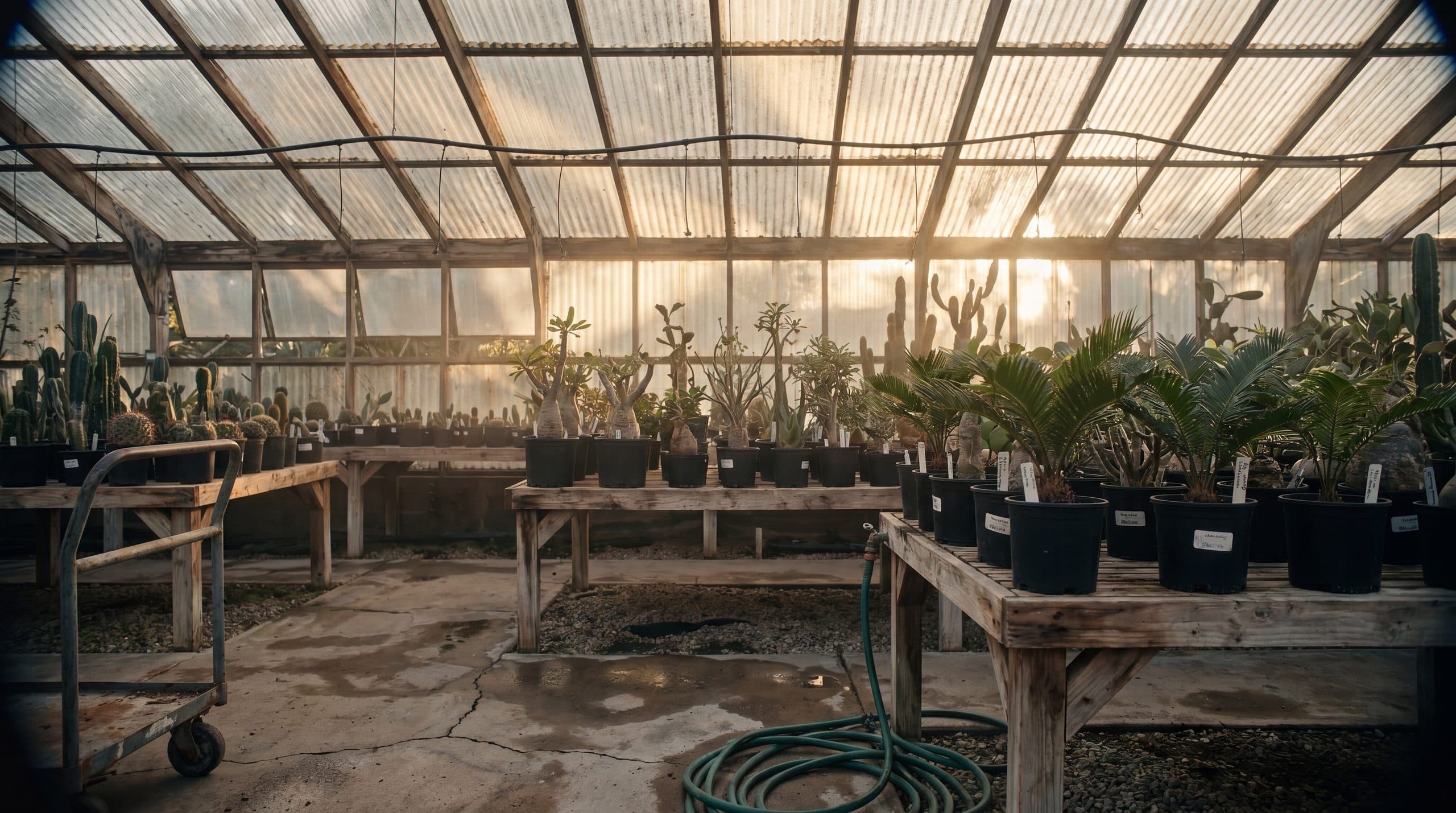 Inside a Botanic Wonders production greenhouse at golden hour — benches of specimens in nursery pots